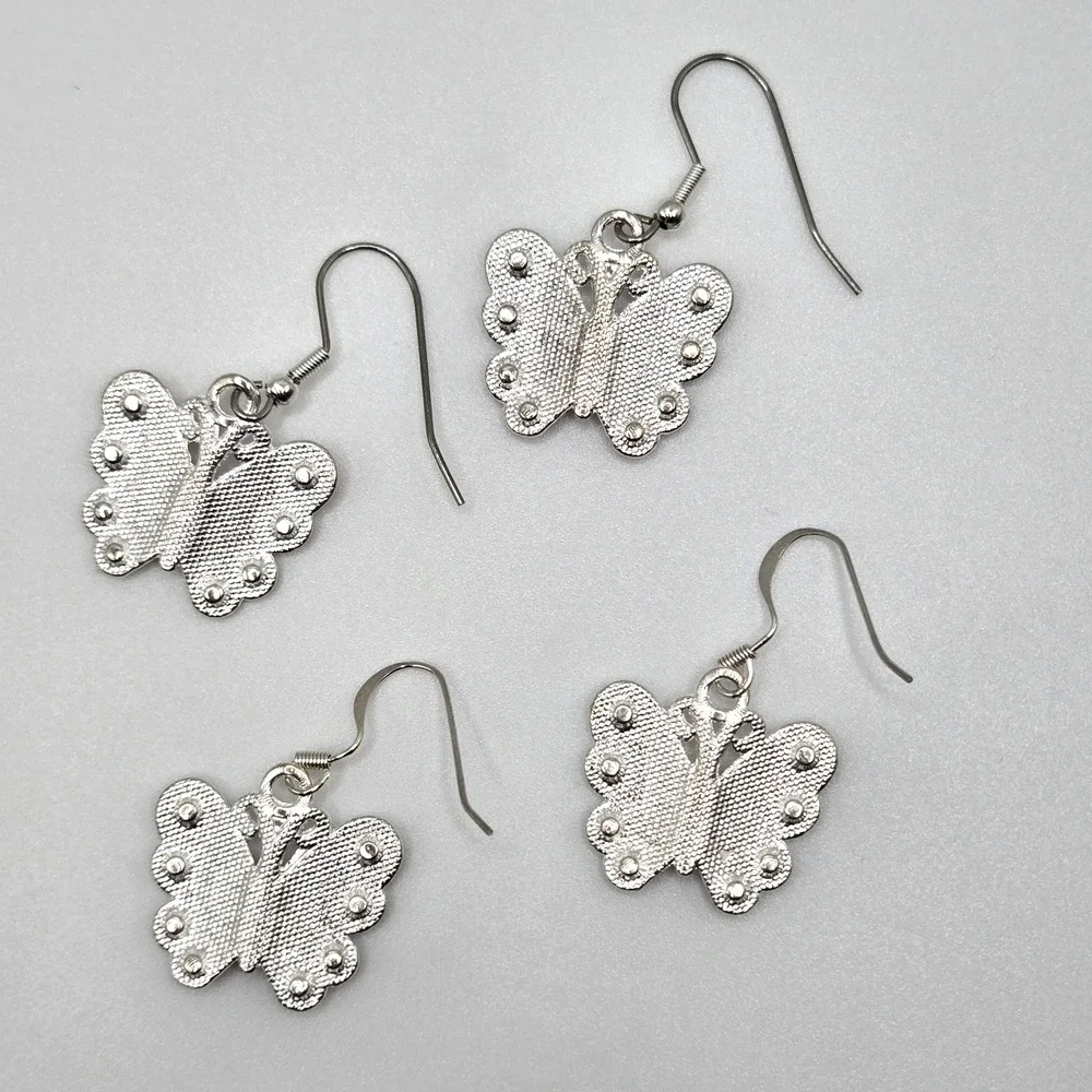 Butterfly Earrings Red White Rhinestone Silvertone Pierced Cute Whimsy Lot Of 2